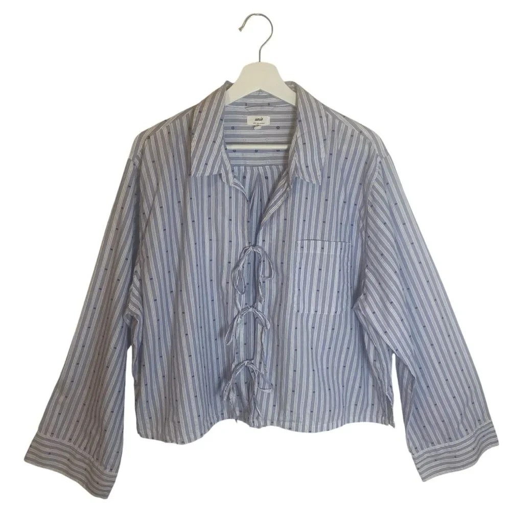 Aerie Off-Duty Poplin Tie Front Pajama Shirt Sz XL Blue Loungewear Streetwear